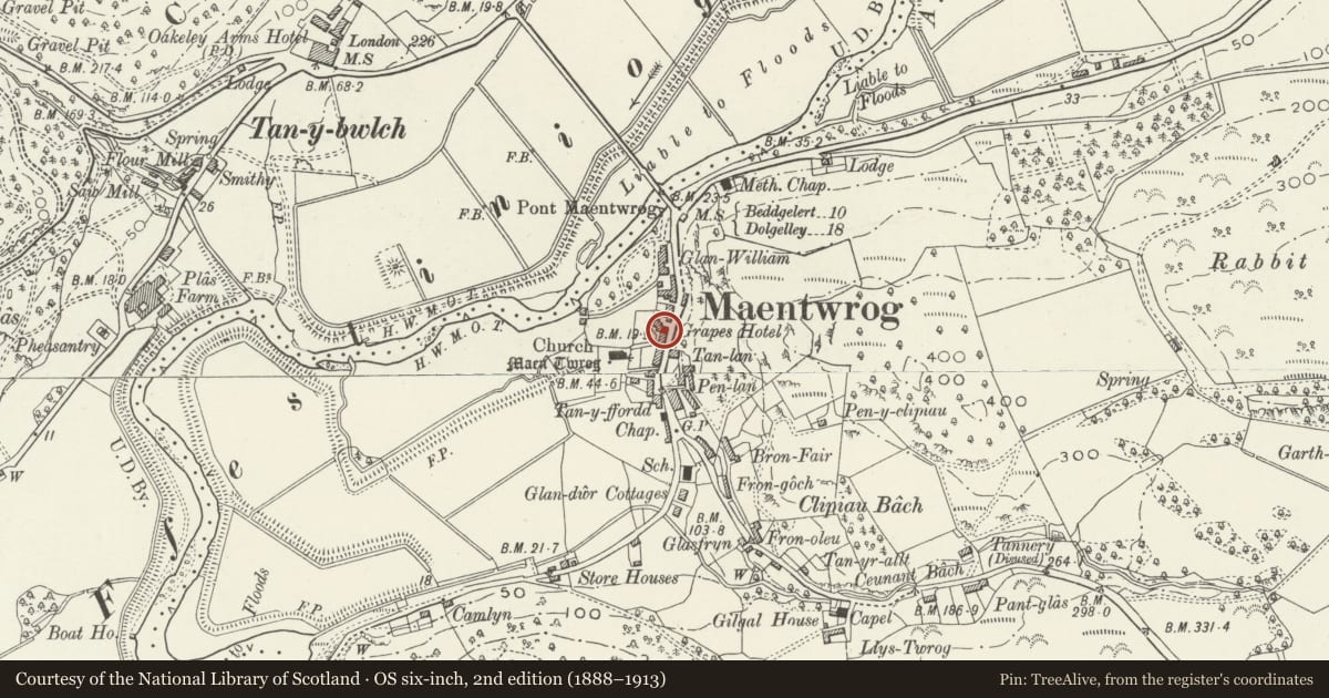Ordnance Survey six-inch map, 2nd edition (1888–1913) covering the location of The Grapes Hotel, Maentwrog, Gwynedd, with a pin at the register's coordinates