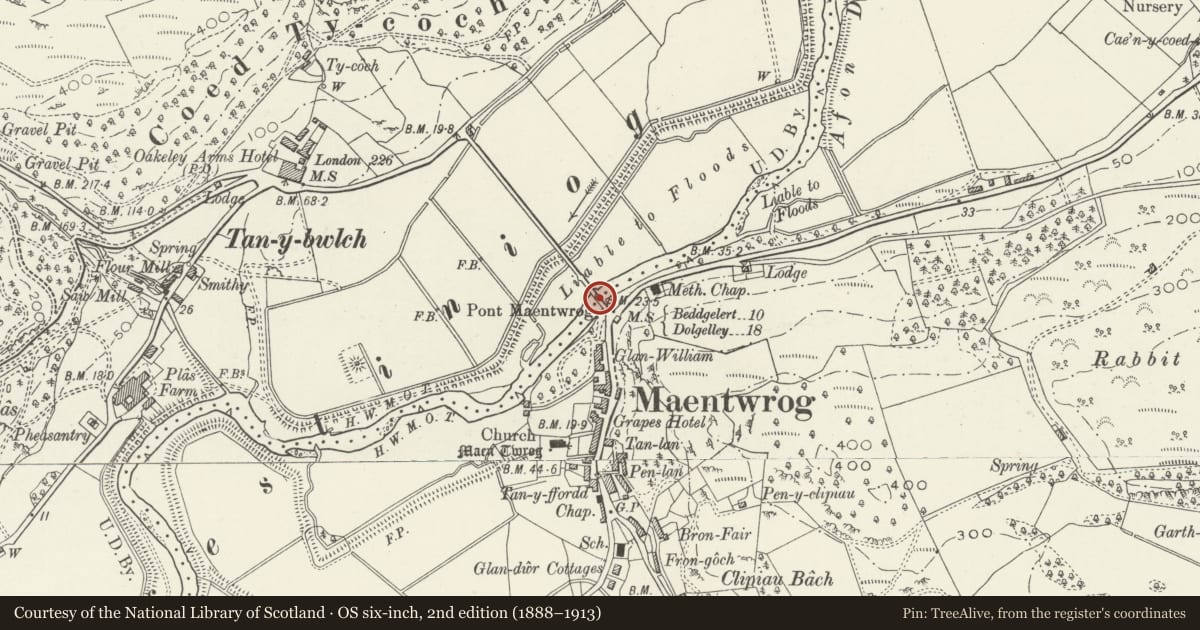 Ordnance Survey six-inch map, 2nd edition (1888–1913) covering the location of Pont Maentwrog, Gwynedd, with a pin at the register's coordinates