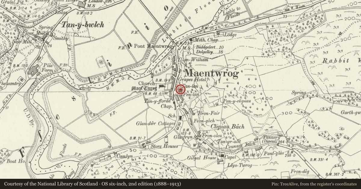 Ordnance Survey six-inch map, 2nd edition (1888–1913) covering the location of Penlan including attached cottage formerly known as Dwyfor, Maentwrog, Gwynedd, with a pin at the register's coordinates