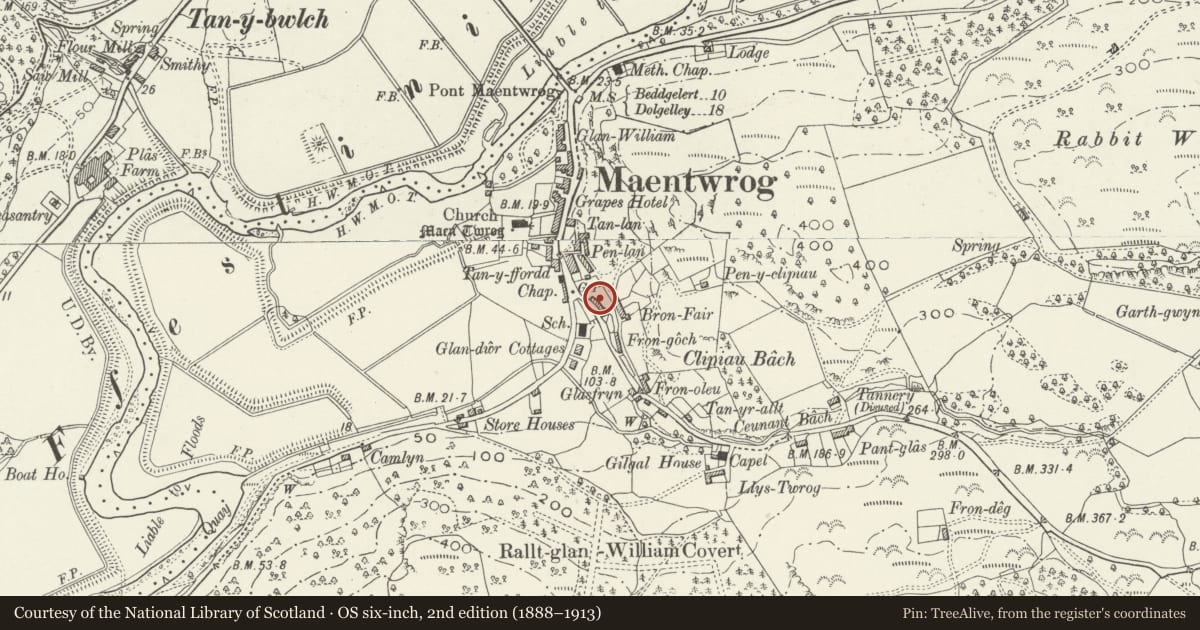 Ordnance Survey six-inch map, 2nd edition (1888–1913) covering the location of Old School House, Maentwrog, Gwynedd, with a pin at the register's coordinates