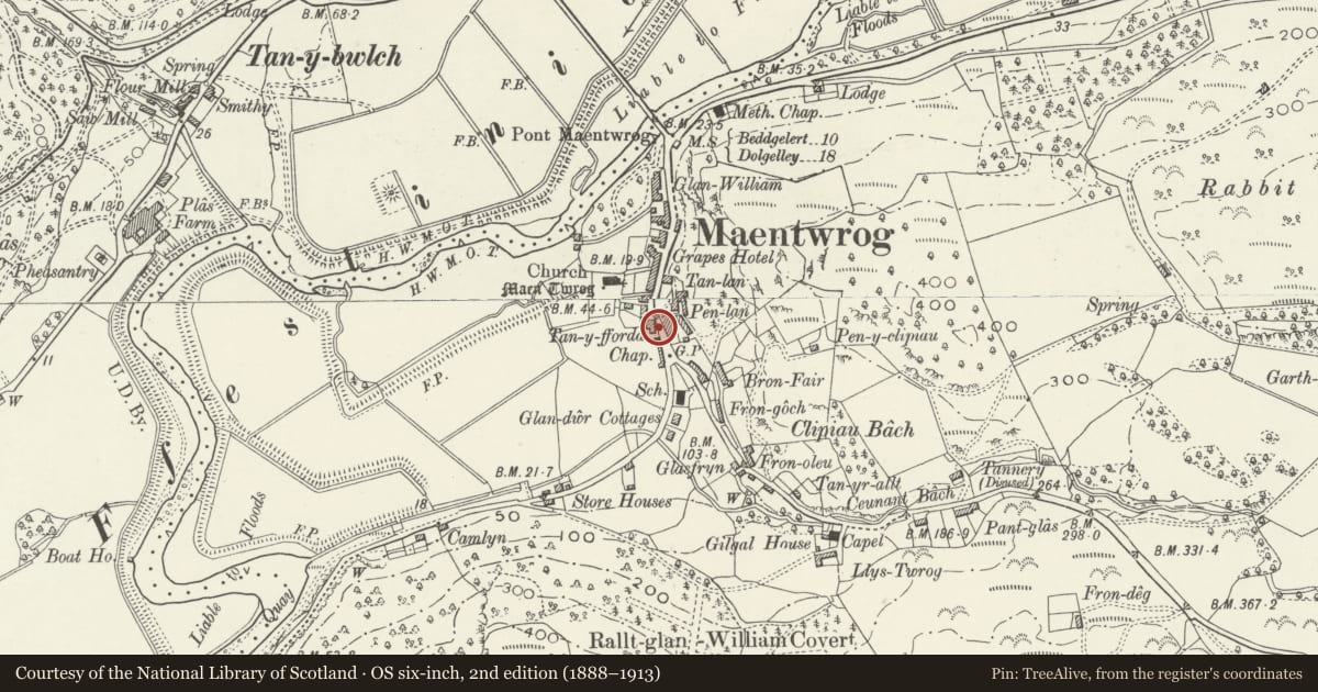 Ordnance Survey six-inch map, 2nd edition (1888–1913) covering the location of Cartref, Maentwrog, Gwynedd, with a pin at the register's coordinates