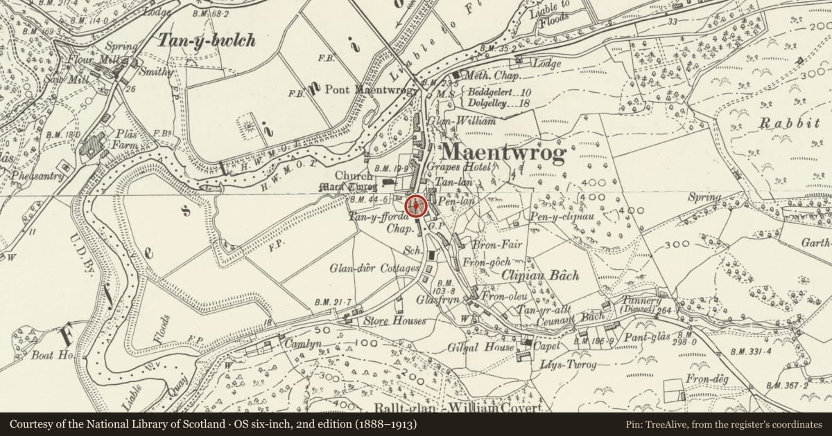 Ordnance Survey six-inch map, 2nd edition (1888–1913) covering the location of Llys Twrog, Maentwrog, Gwynedd, with a pin at the register's coordinates