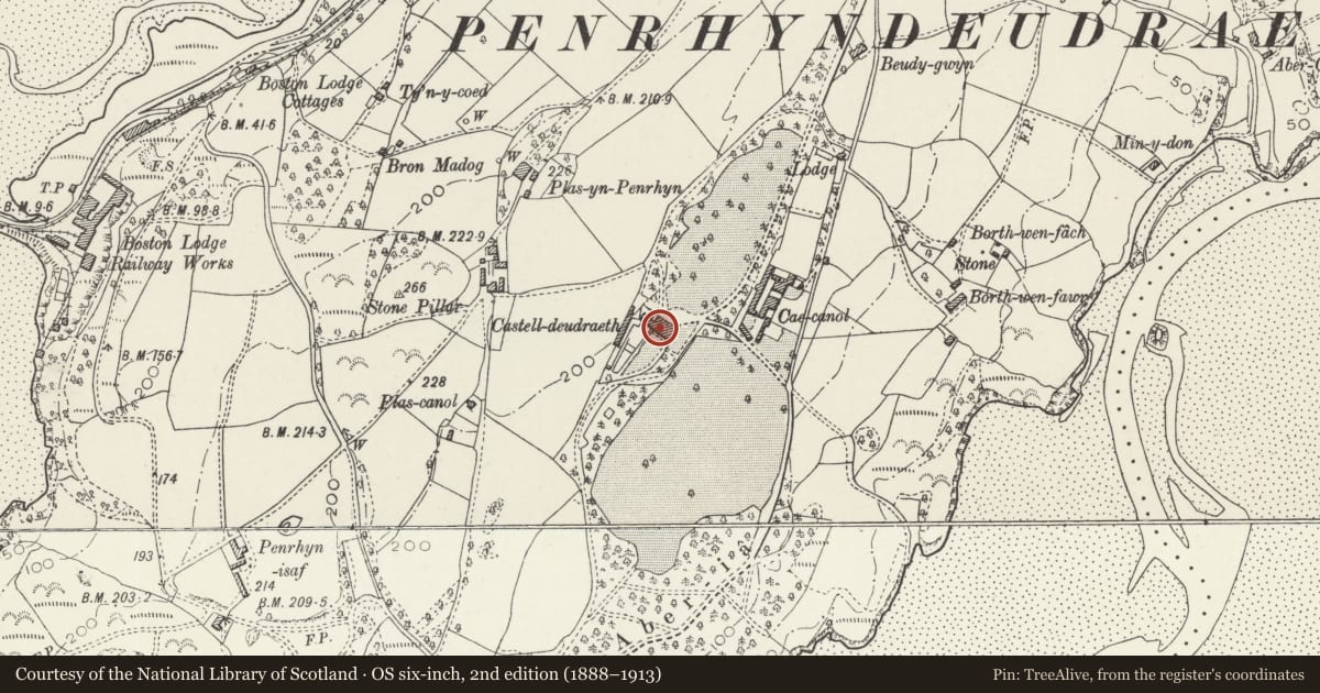Ordnance Survey six-inch map, 2nd edition (1888–1913) covering the location of Castell Deudraeth, Penrhyndeudraeth, Gwynedd, with a pin at the register's coordinates