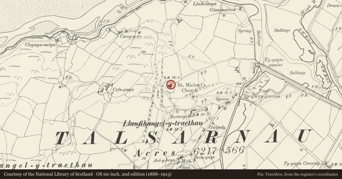 Ordnance Survey six-inch map, 2nd edition (1888–1913) covering the location of Church of St Michael, Talsarnau, Gwynedd, with a pin at the register's coordinates