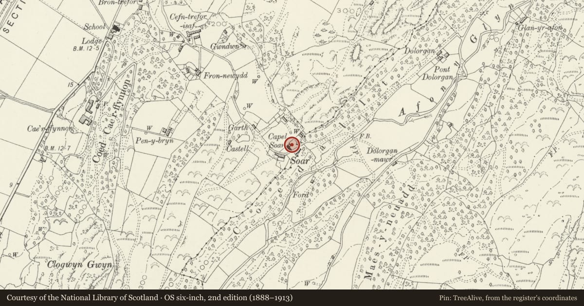 Ordnance Survey six-inch map, 2nd edition (1888–1913) covering the location of Capel Soar, Talsarnau, Gwynedd, with a pin at the register's coordinates