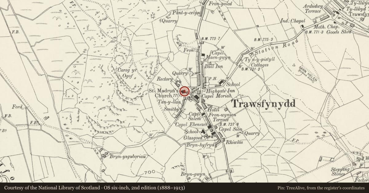 Ordnance Survey six-inch map, 2nd edition (1888–1913) covering the location of Church of St Madryn, Trawsfynydd, Gwynedd, with a pin at the register's coordinates