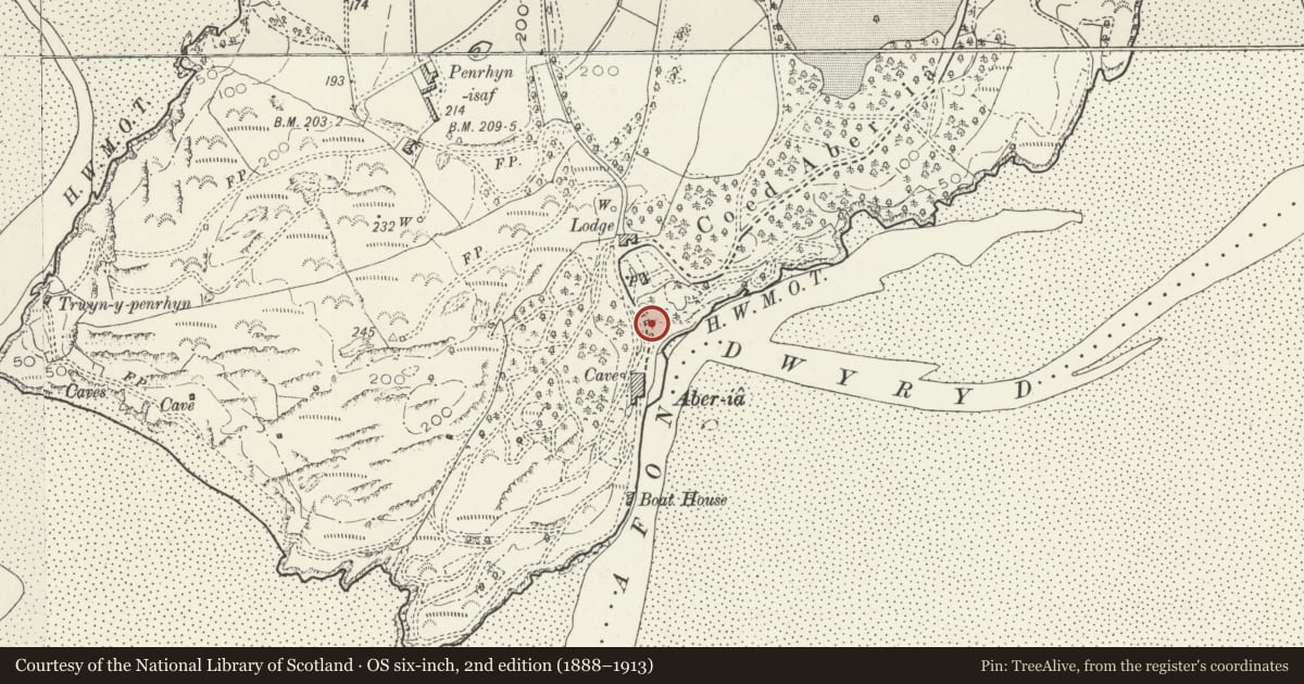 Ordnance Survey six-inch map, 2nd edition (1888–1913) covering the location of Fountain, Penrhyndeudraeth, Gwynedd, with a pin at the register's coordinates