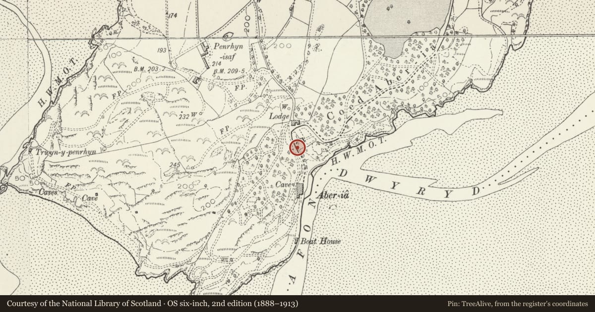 Ordnance Survey six-inch map, 2nd edition (1888–1913) covering the location of Angel Gates (Hercules Gate), Penrhyndeudraeth, Gwynedd, with a pin at the register's coordinates