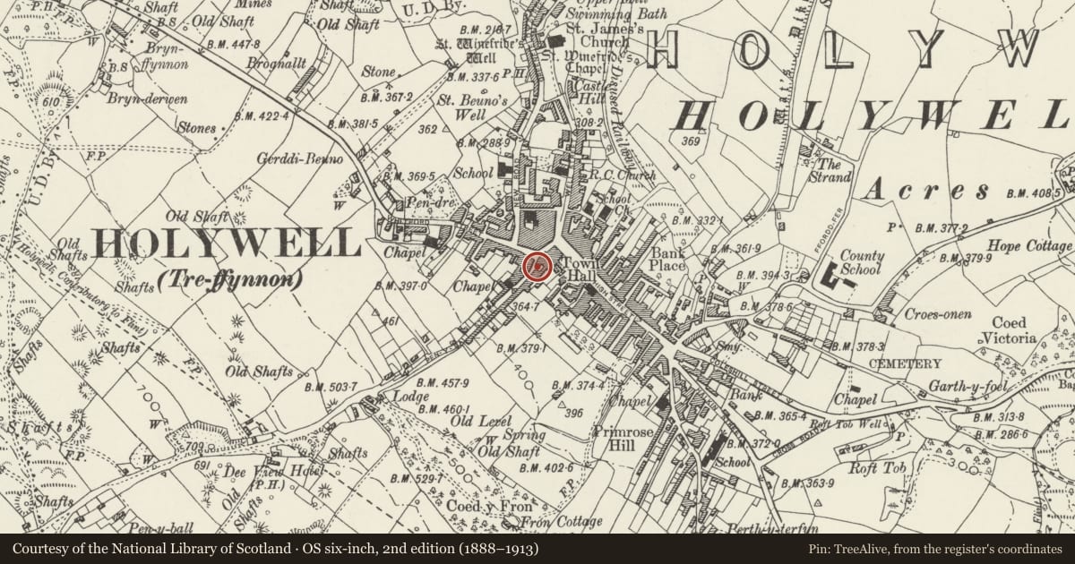 Ordnance Survey six-inch map, 2nd edition (1888–1913) covering the location of 1 Pen-y-Ball Street, Holywell, Flintshire, with a pin at the register's coordinates