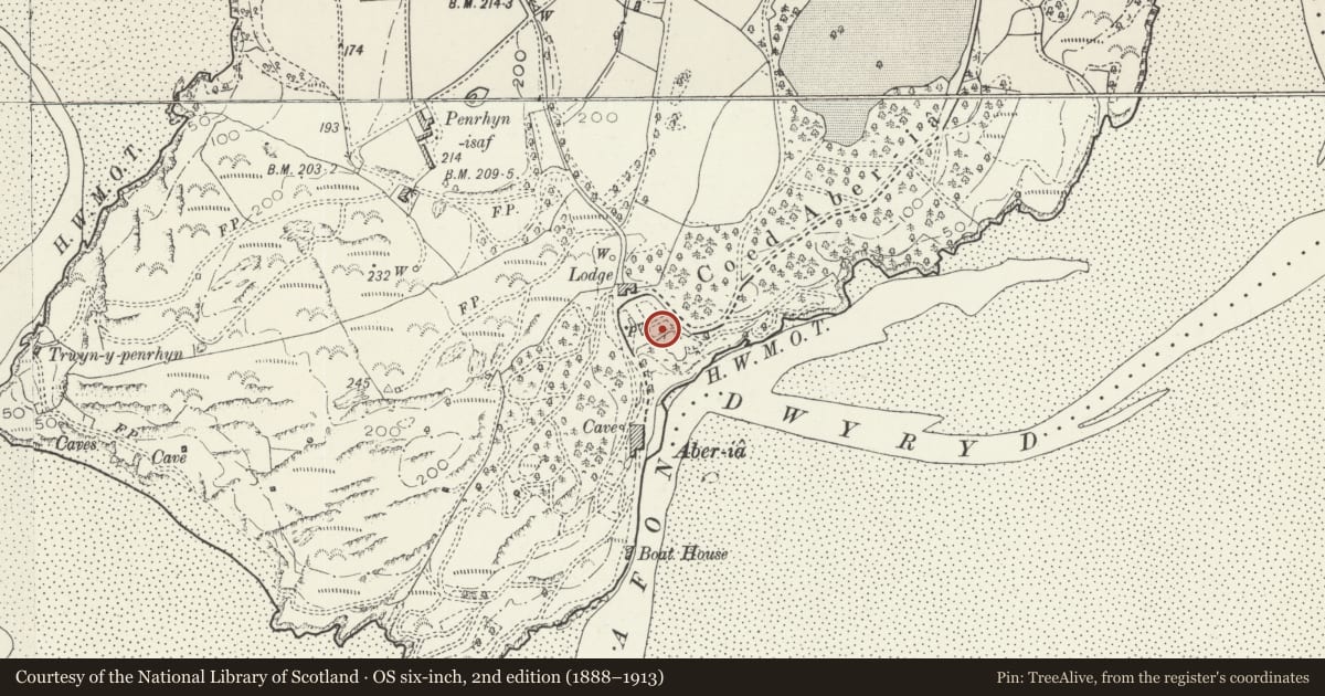 Ordnance Survey six-inch map, 2nd edition (1888–1913) covering the location of Gothick Pavilion, Penrhyndeudraeth, Gwynedd, with a pin at the register's coordinates