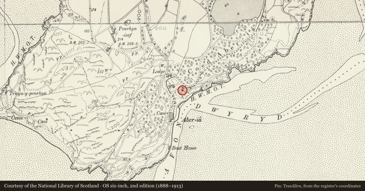 Ordnance Survey six-inch map, 2nd edition (1888–1913) covering the location of Government House, Penrhyndeudraeth, Gwynedd, with a pin at the register's coordinates