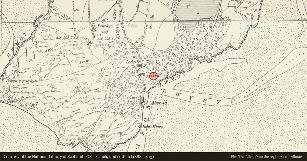 Ordnance Survey six-inch map, 2nd edition (1888–1913) covering the location of Prior's Lodging, Penrhyndeudraeth, Gwynedd, with a pin at the register's coordinates