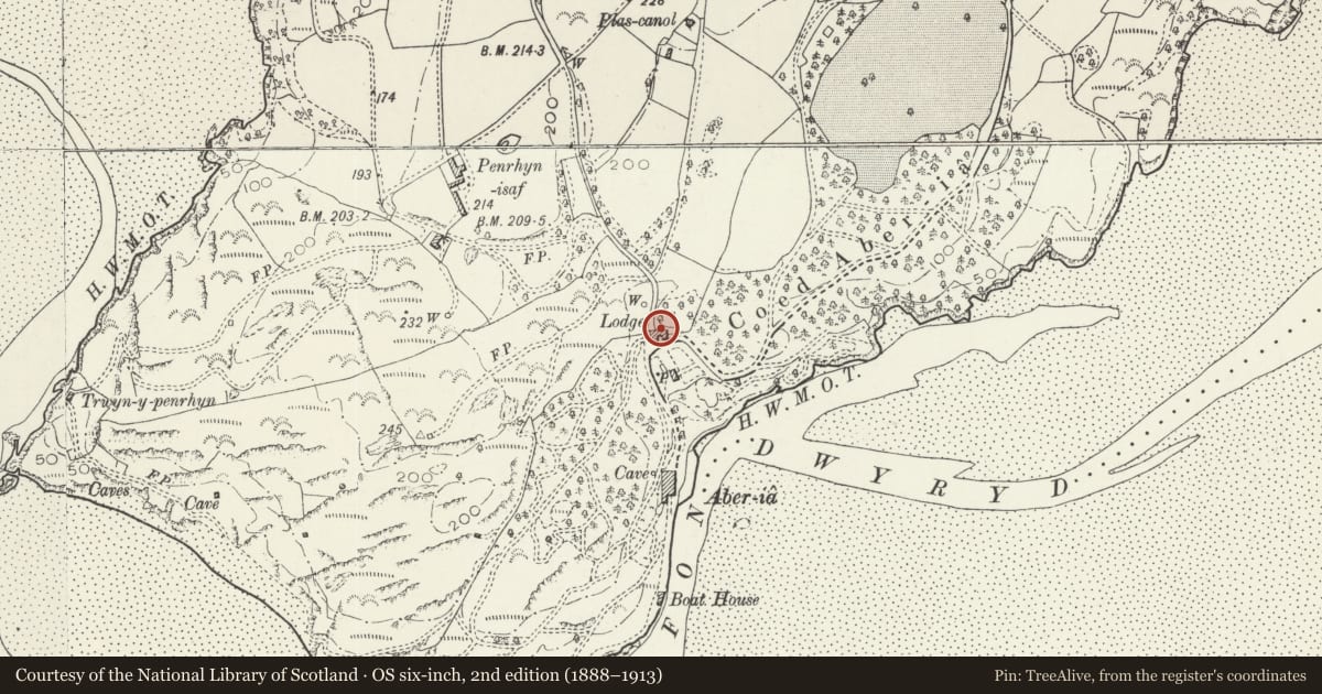 Ordnance Survey six-inch map, 2nd edition (1888–1913) covering the location of Salutation, Penrhyndeudraeth, Gwynedd, with a pin at the register's coordinates