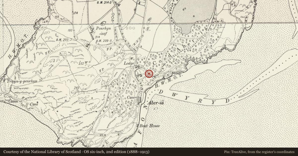 Ordnance Survey six-inch map, 2nd edition (1888–1913) covering the location of Chronometer Sundial, Penrhyndeudraeth, Gwynedd, with a pin at the register's coordinates