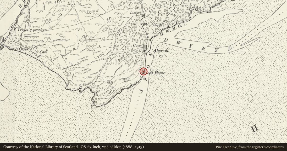 Ordnance Survey six-inch map, 2nd edition (1888–1913) covering the location of White Horses, Penrhyndeudraeth, Gwynedd, with a pin at the register's coordinates