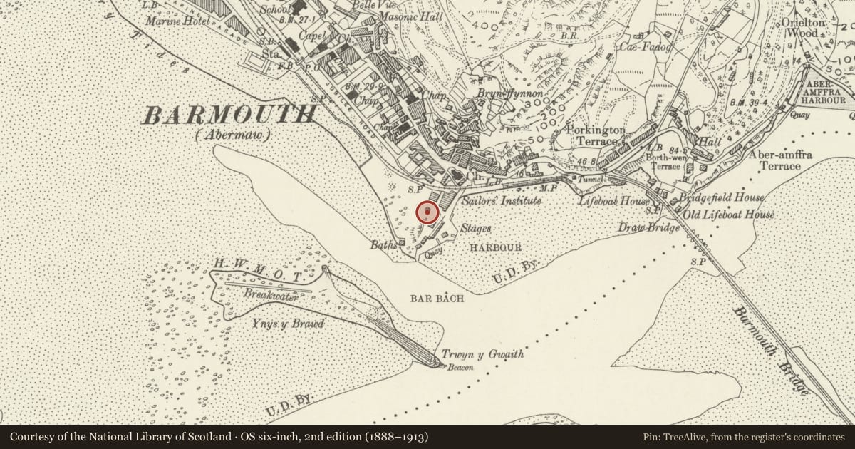 Ordnance Survey six-inch map, 2nd edition (1888–1913) covering the location of Ty Crwn (The Lock-up), Barmouth, Gwynedd, with a pin at the register's coordinates
