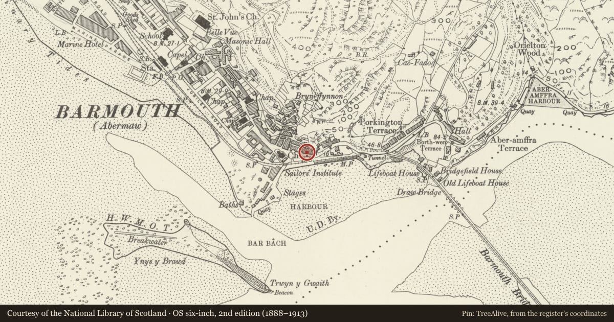 Ordnance Survey six-inch map, 2nd edition (1888–1913) covering the location of Anchor Cottage, Barmouth, Gwynedd, with a pin at the register's coordinates