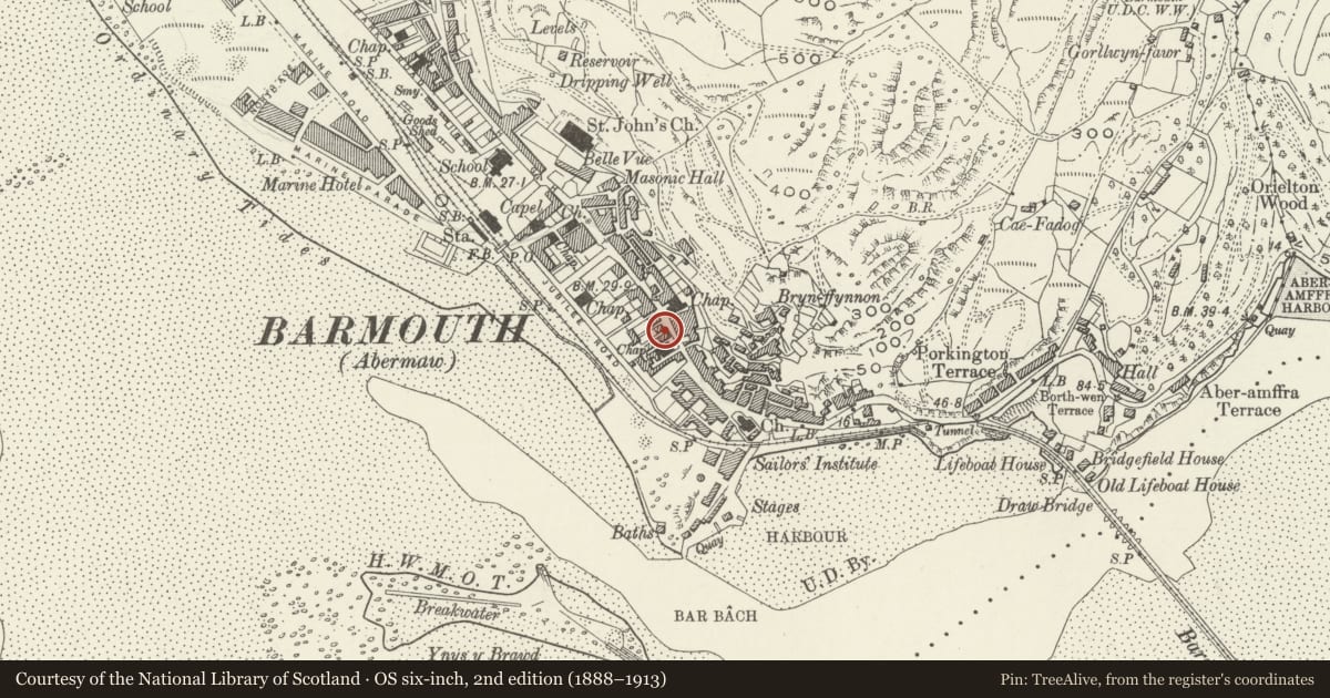 Ordnance Survey six-inch map, 2nd edition (1888–1913) covering the location of Tyn-y-Coed, Barmouth, Gwynedd, with a pin at the register's coordinates