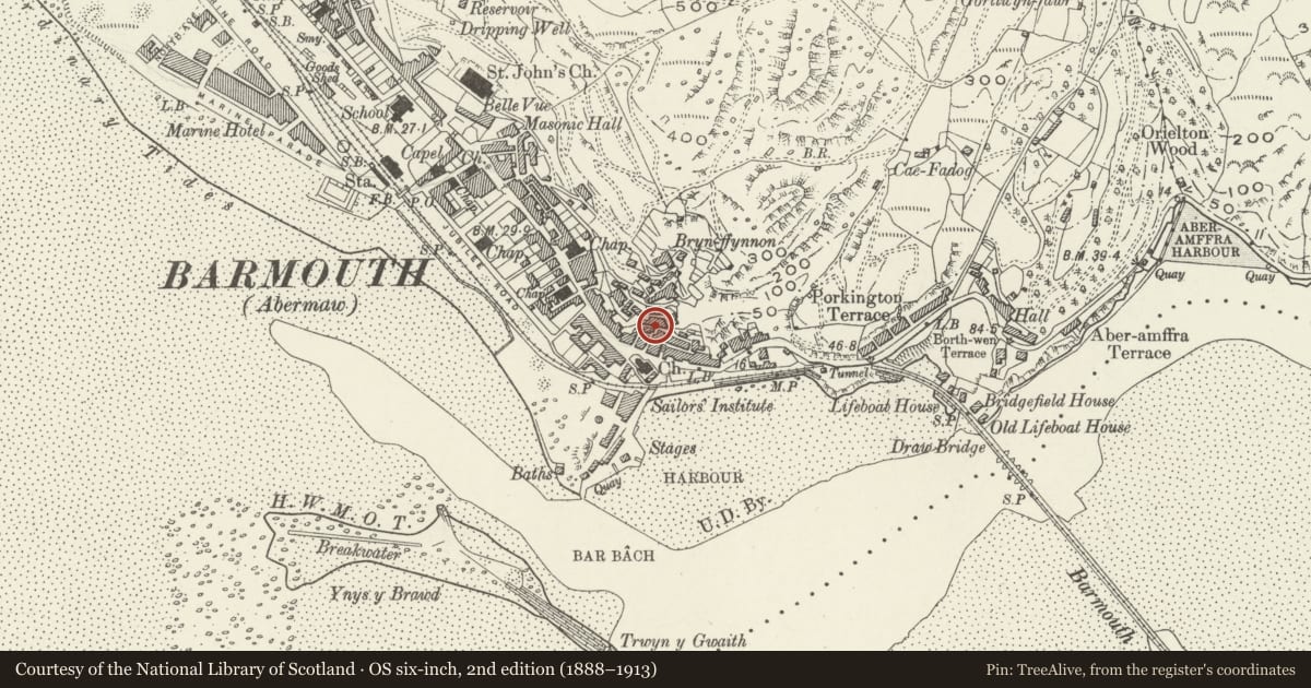 Ordnance Survey six-inch map, 2nd edition (1888–1913) covering the location of 2 & 3 Bennar Terrace, Barmouth, Gwynedd, with a pin at the register's coordinates
