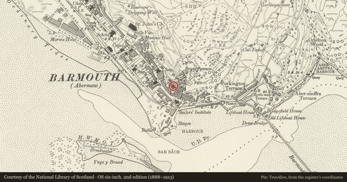 Ordnance Survey six-inch map, 2nd edition (1888–1913) covering the location of 1 - 4 Goronwy Terrace, Barmouth, Gwynedd, with a pin at the register's coordinates