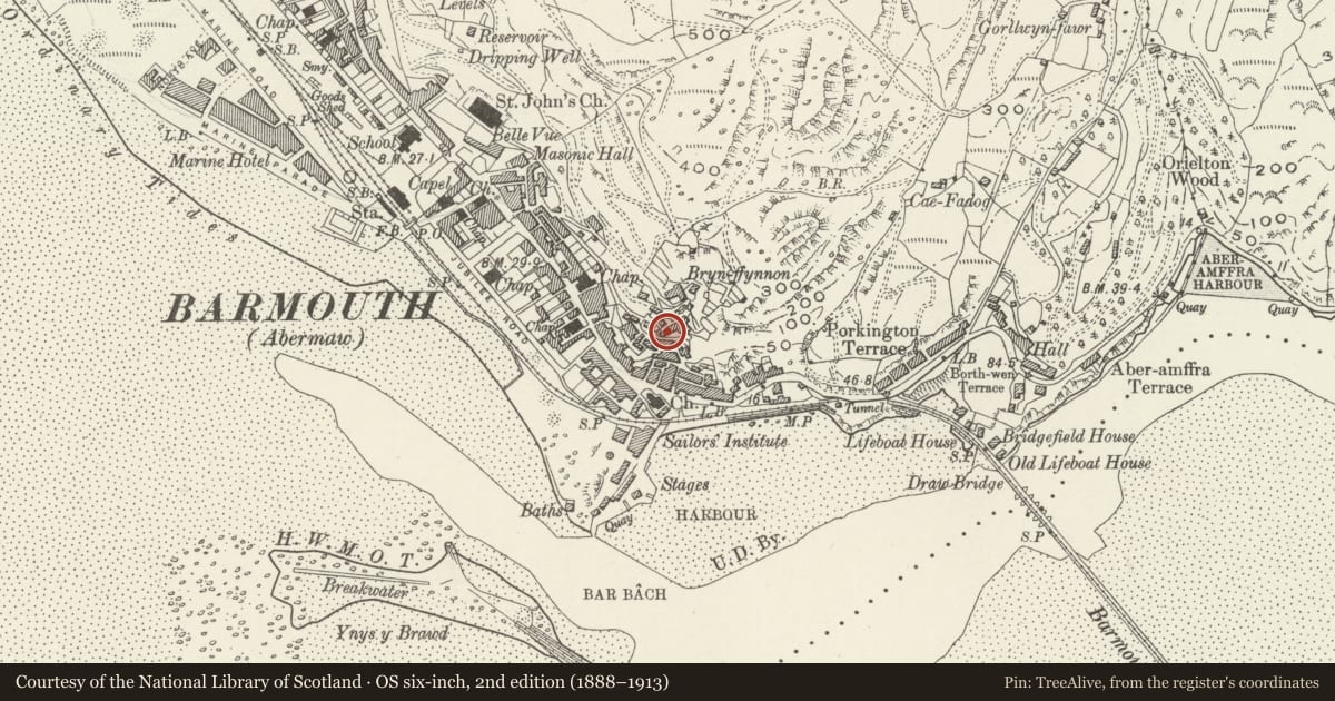 Ordnance Survey six-inch map, 2nd edition (1888–1913) covering the location of 1 St George's Terrace, Barmouth, Gwynedd, with a pin at the register's coordinates