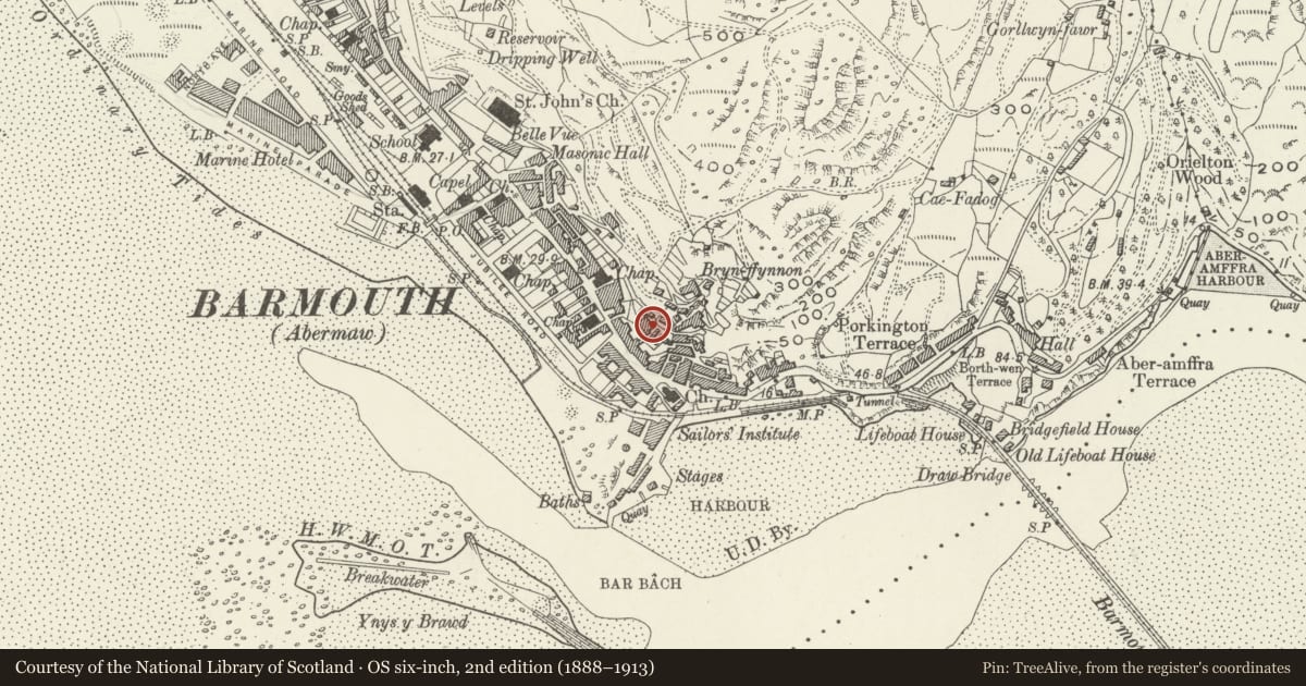 Ordnance Survey six-inch map, 2nd edition (1888–1913) covering the location of Williams Buildings, Barmouth, Gwynedd, with a pin at the register's coordinates