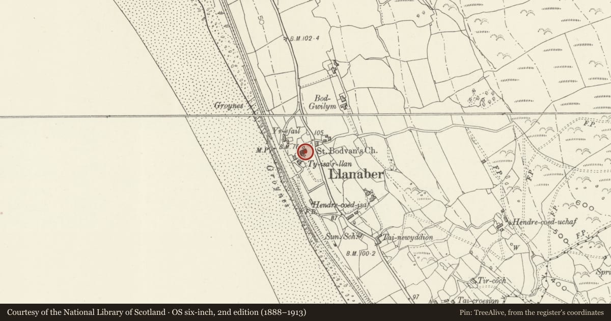 Ordnance Survey six-inch map, 2nd edition (1888–1913) covering the location of Parish Church of Saint Mary and Saint Bodfan, Barmouth, Gwynedd, with a pin at the register's coordinates