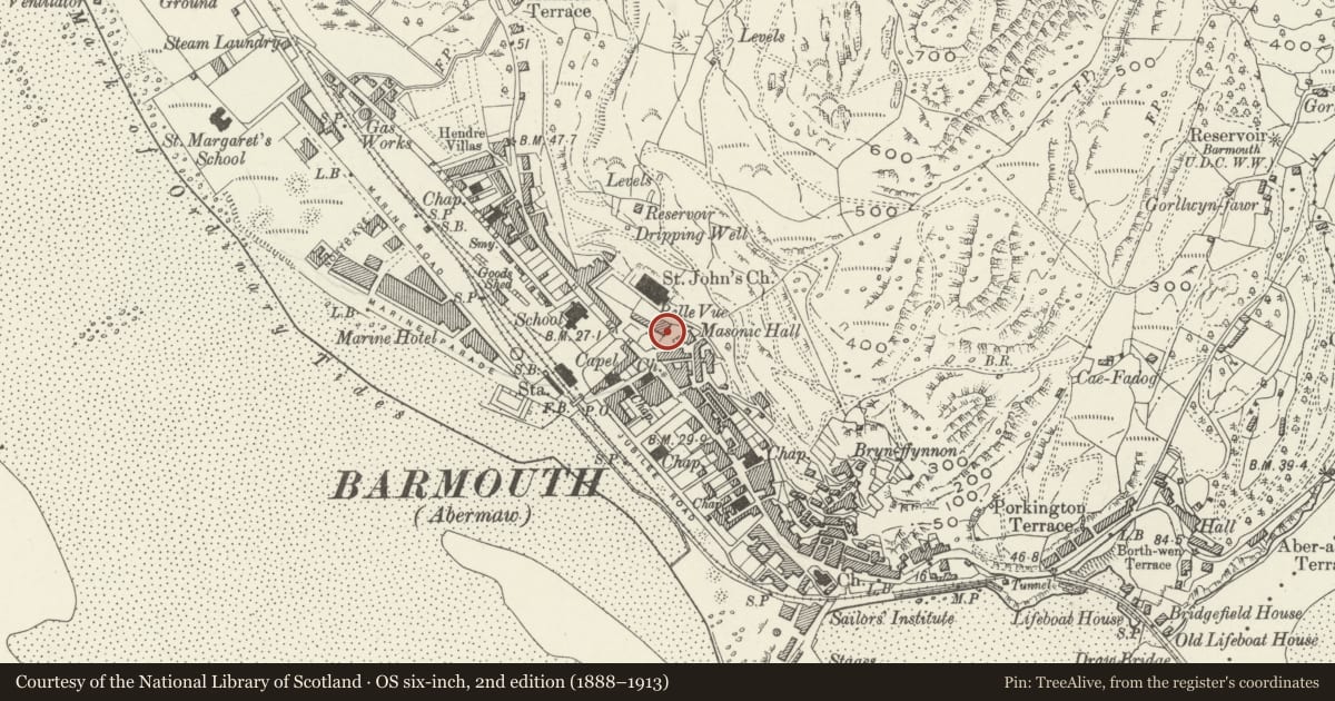 Ordnance Survey six-inch map, 2nd edition (1888–1913) covering the location of St Anne House, Barmouth, Gwynedd, with a pin at the register's coordinates