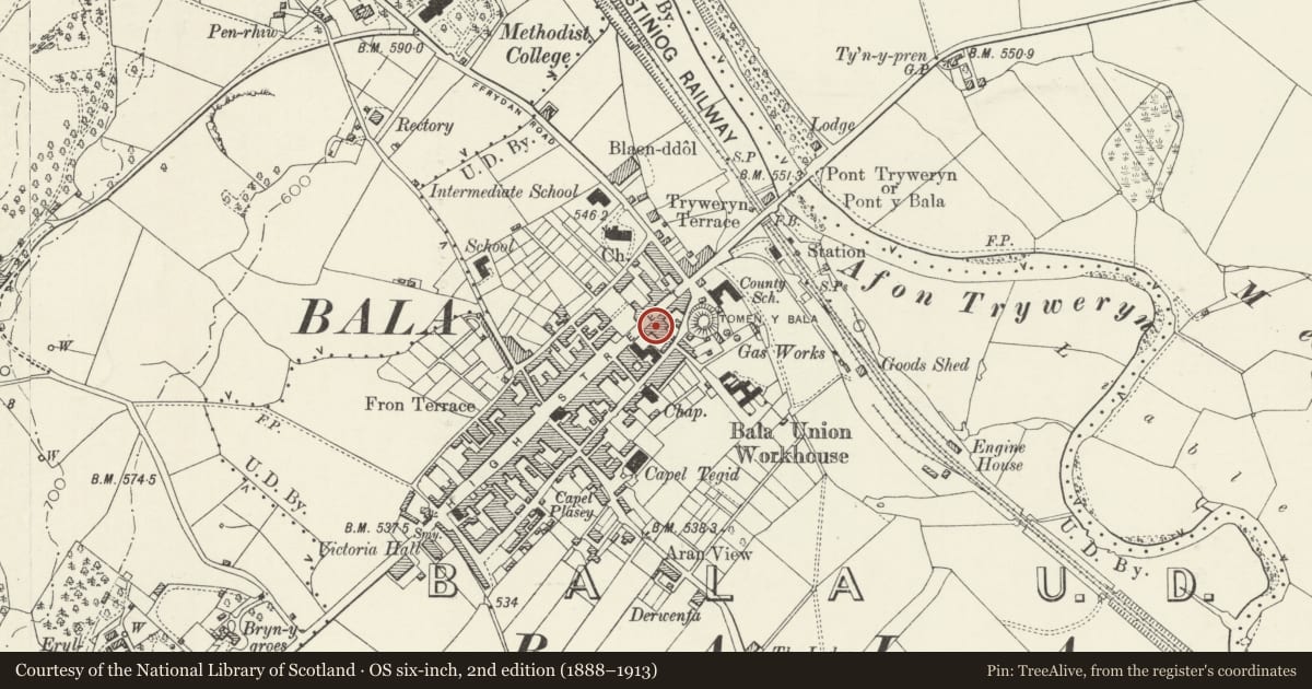Ordnance Survey six-inch map, 2nd edition (1888–1913) covering the location of Town Council Offices, Including Associated Street Railings, Bala, Gwynedd, with a pin at the register's coordinates