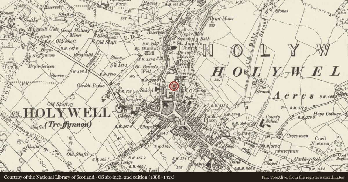 Ordnance Survey six-inch map, 2nd edition (1888–1913) covering the location of Presbytery at Catholic Church of St Winefride, Holywell, Flintshire, with a pin at the register's coordinates