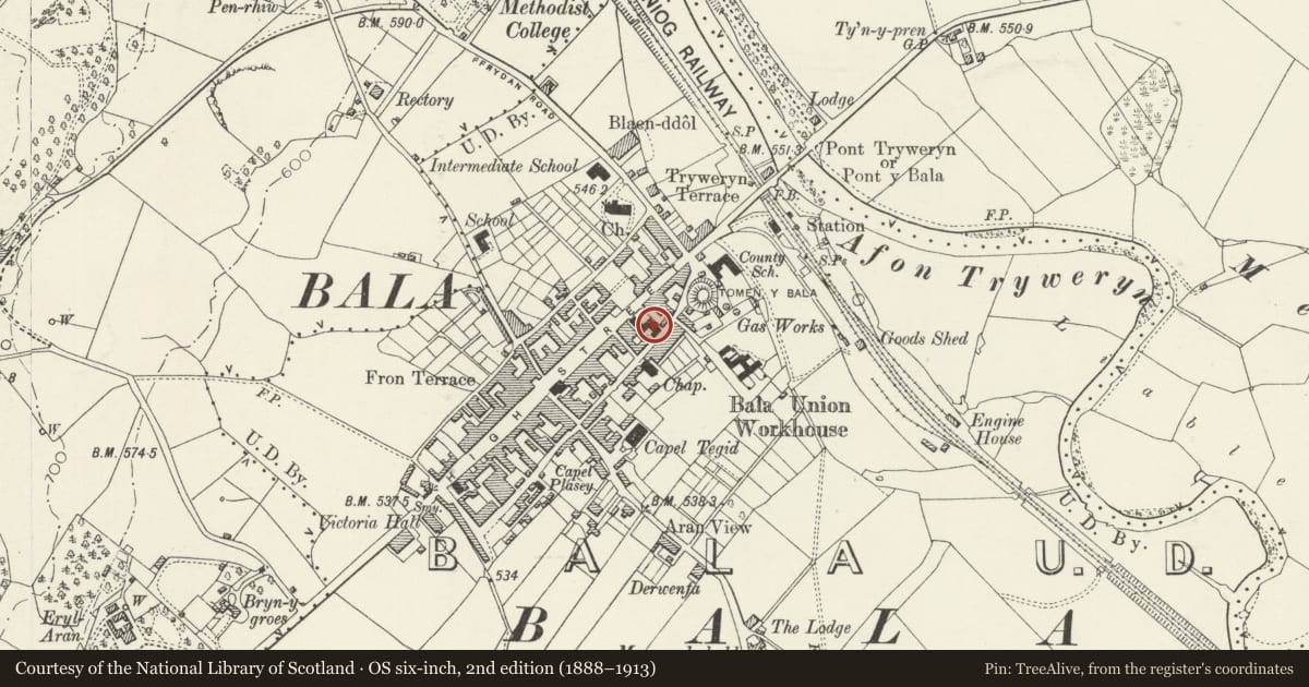 Ordnance Survey six-inch map, 2nd edition (1888–1913) covering the location of Presbyterian Chapel, Including Forecourt Walls and Railings, Bala, Gwynedd, with a pin at the register's coordinates