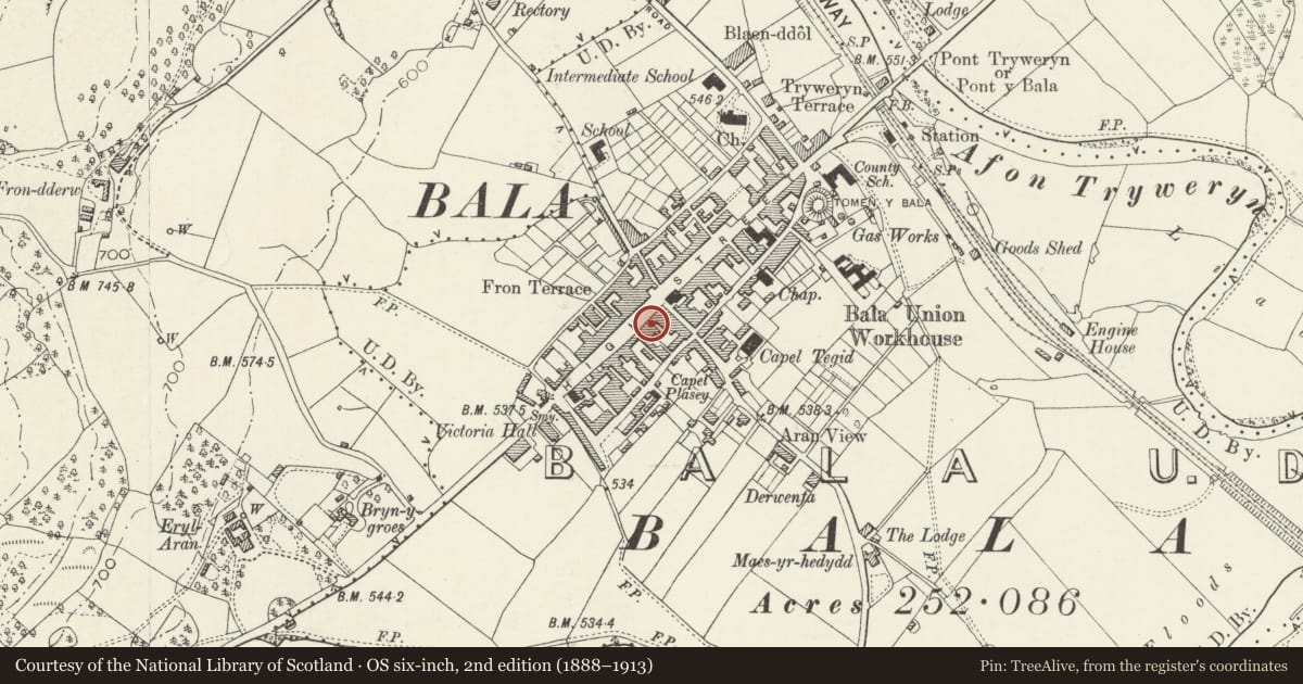 Ordnance Survey six-inch map, 2nd edition (1888–1913) covering the location of Barclays Bank, Bala, Gwynedd, with a pin at the register's coordinates