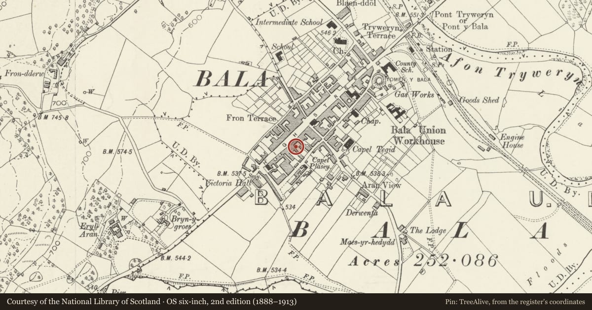 Ordnance Survey six-inch map, 2nd edition (1888–1913) covering the location of Ye Olde Bulls Head PH, Including Outbuildings Adjoining to the Rear, Bala, Gwynedd, with a pin at the register's coordinates