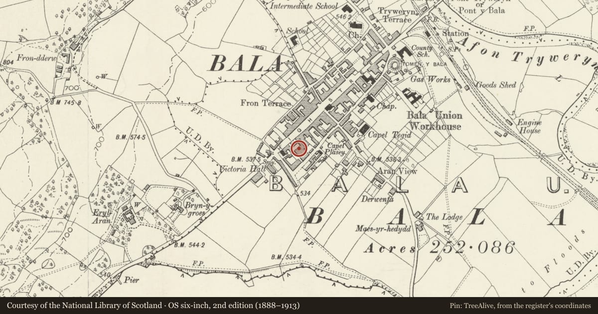 Ordnance Survey six-inch map, 2nd edition (1888–1913) covering the location of Aykroyd & Sons, Clothing Factory (Former Workhouse), Bala, Gwynedd, with a pin at the register's coordinates
