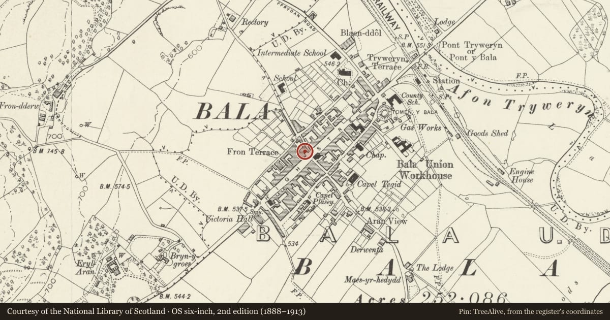 Ordnance Survey six-inch map, 2nd edition (1888–1913) covering the location of White Lion Royal Hotel, Including Former Stable Range and Associated Wall Adjoining to the Rear, Bala, Gwynedd, with a pin at the register's coordinates