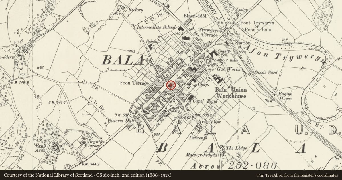 Ordnance Survey six-inch map, 2nd edition (1888–1913) covering the location of Town Hall, Bala, Gwynedd, with a pin at the register's coordinates