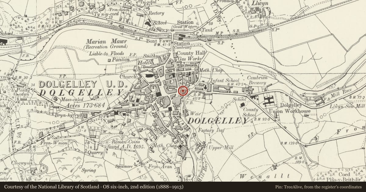Ordnance Survey six-inch map, 2nd edition (1888–1913) covering the location of Brethyn, Dolgellau, Gwynedd, with a pin at the register's coordinates