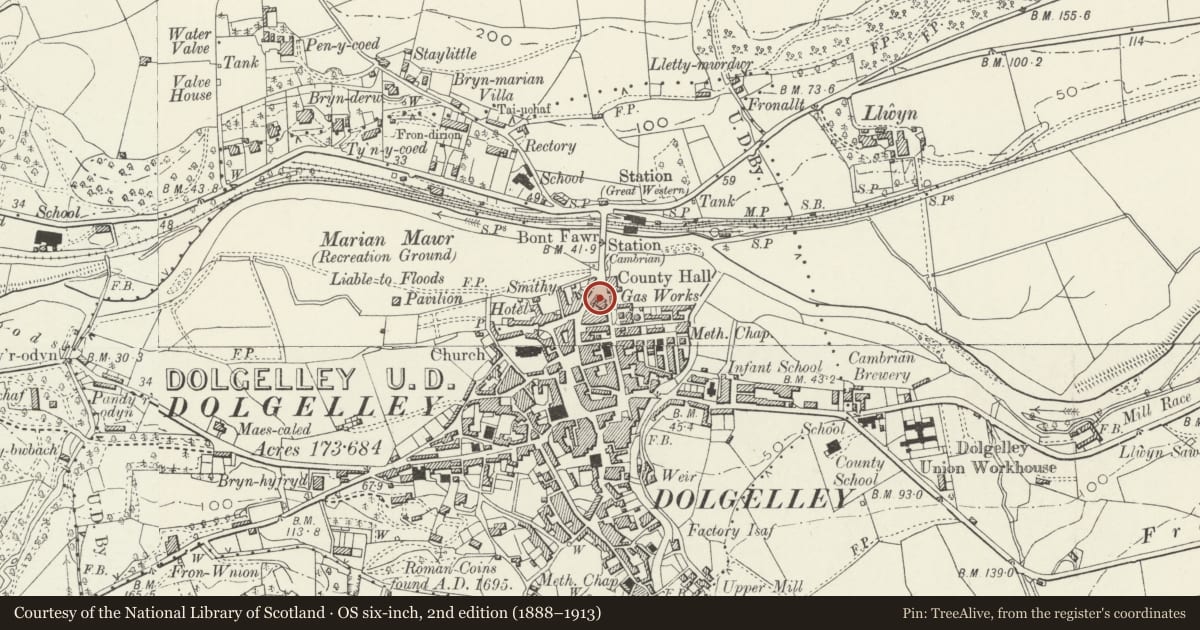 Ordnance Survey six-inch map, 2nd edition (1888–1913) covering the location of Bridgend, Dolgellau, Gwynedd, with a pin at the register's coordinates