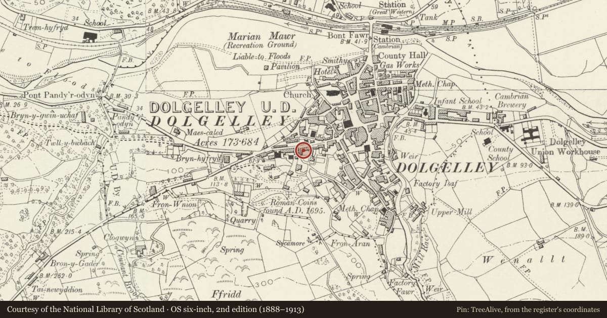 Ordnance Survey six-inch map, 2nd edition (1888–1913) covering the location of Bryn House, Dolgellau, Gwynedd, with a pin at the register's coordinates