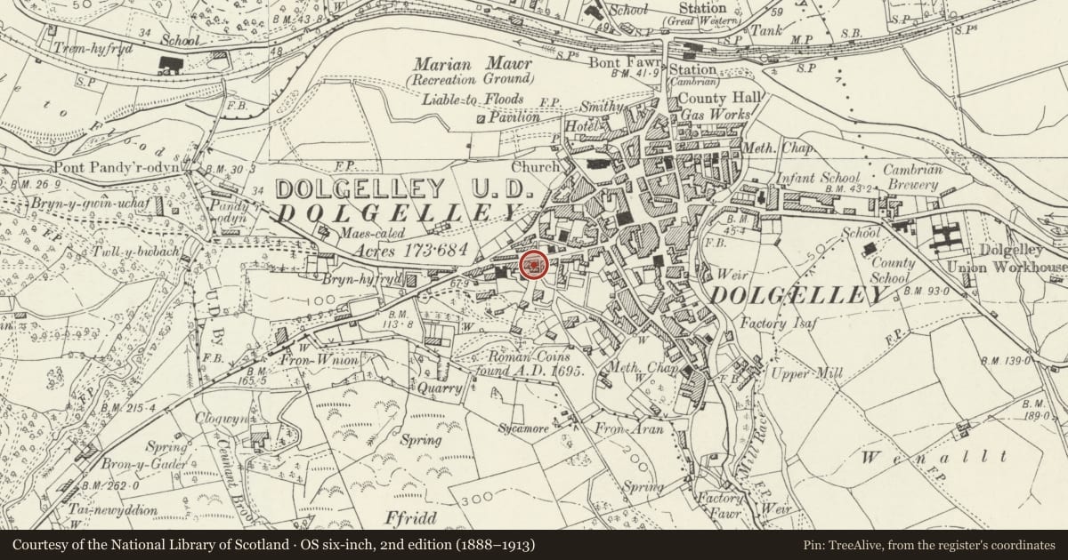 Ordnance Survey six-inch map, 2nd edition (1888–1913) covering the location of Erw-Wen, Dolgellau, Gwynedd, with a pin at the register's coordinates