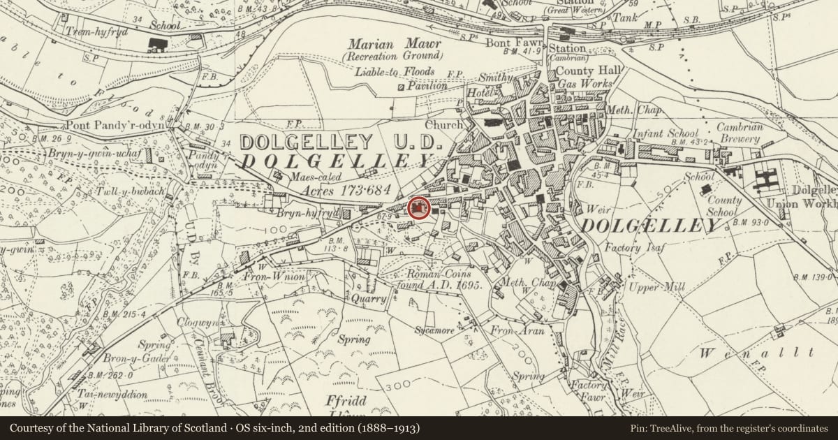 Ordnance Survey six-inch map, 2nd edition (1888–1913) covering the location of Salem Calvinistic Methodist Chapel, Dolgellau, Gwynedd, with a pin at the register's coordinates