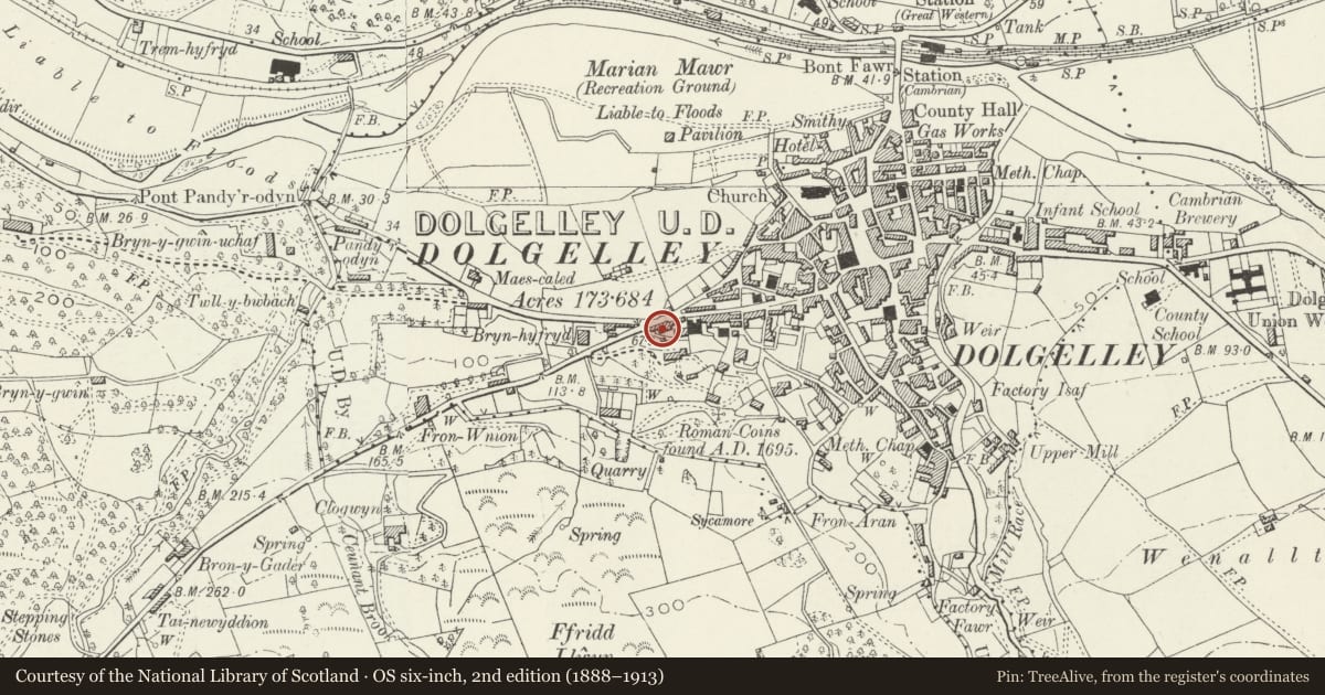 Ordnance Survey six-inch map, 2nd edition (1888–1913) covering the location of Pen-y-Bryn Tollhouse, Dolgellau, Gwynedd, with a pin at the register's coordinates