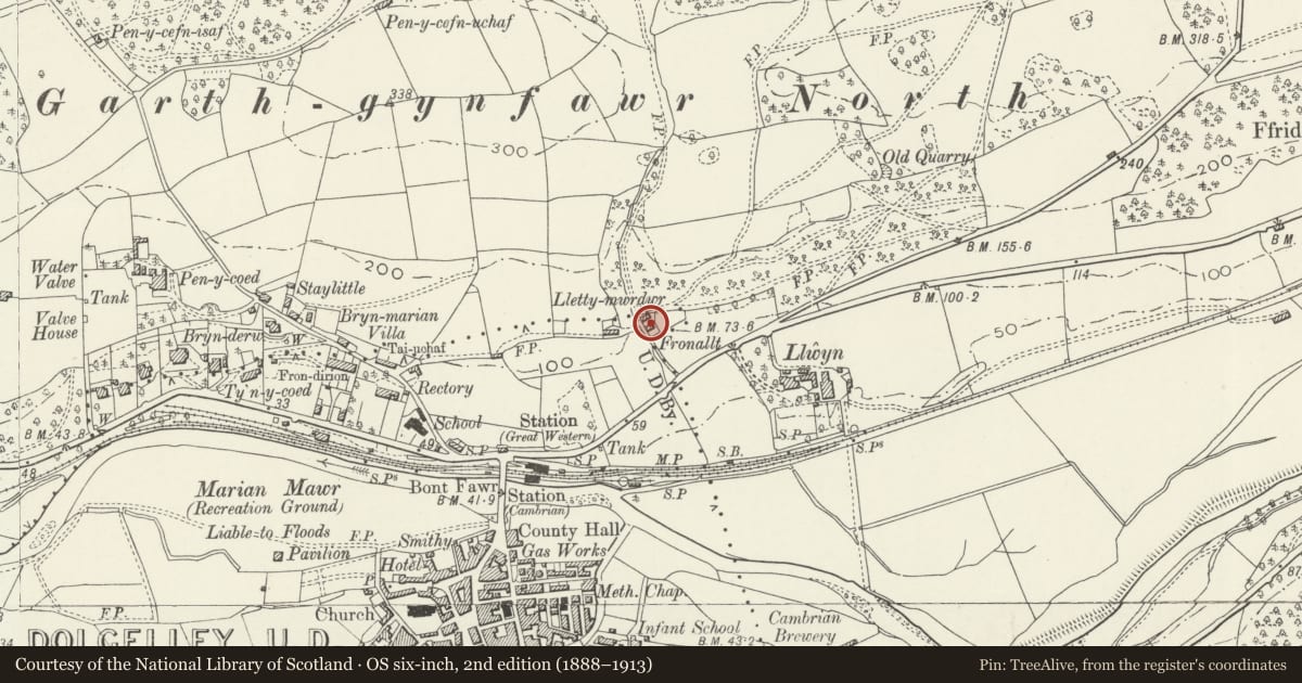 Ordnance Survey six-inch map, 2nd edition (1888–1913) covering the location of Coed-y-Fronallt, Dolgellau, Gwynedd, with a pin at the register's coordinates