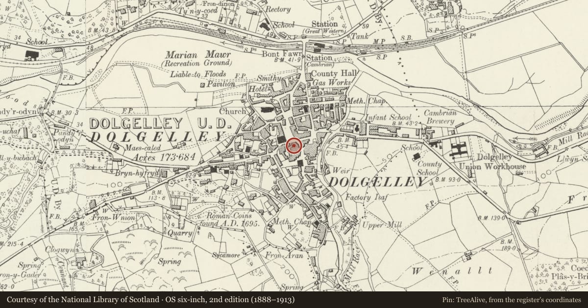 Ordnance Survey six-inch map, 2nd edition (1888–1913) covering the location of Plas Newydd (Premises of E.R. & E.M Hughes), Dolgellau, Gwynedd, with a pin at the register's coordinates