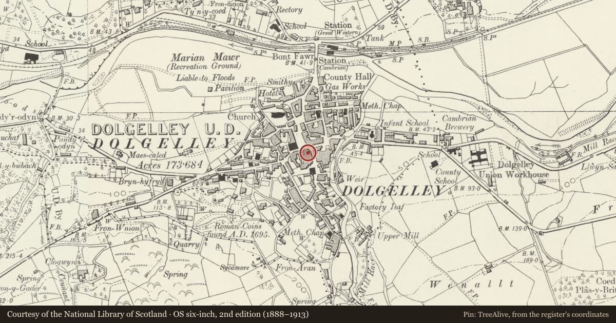 Ordnance Survey six-inch map, 2nd edition (1888–1913) covering the location of Plas Newydd (Premises of Dolgelly Jewellers), Dolgellau, Gwynedd, with a pin at the register's coordinates