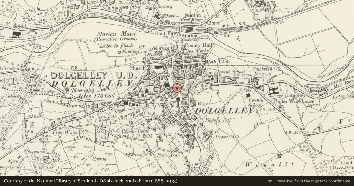 Ordnance Survey six-inch map, 2nd edition (1888–1913) covering the location of Plas Newydd (Premises of Knitwise), Dolgellau, Gwynedd, with a pin at the register's coordinates