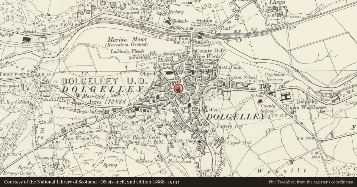 Ordnance Survey six-inch map, 2nd edition (1888–1913) covering the location of Eldon Row, Dolgellau, Gwynedd, with a pin at the register's coordinates