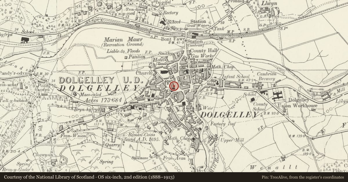 Ordnance Survey six-inch map, 2nd edition (1888–1913) covering the location of Eldon Row, Dolgellau, Gwynedd, with a pin at the register's coordinates