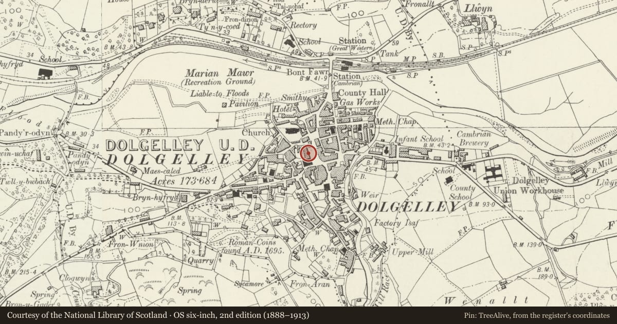 Ordnance Survey six-inch map, 2nd edition (1888–1913) covering the location of Eldon Row, Dolgellau, Gwynedd, with a pin at the register's coordinates