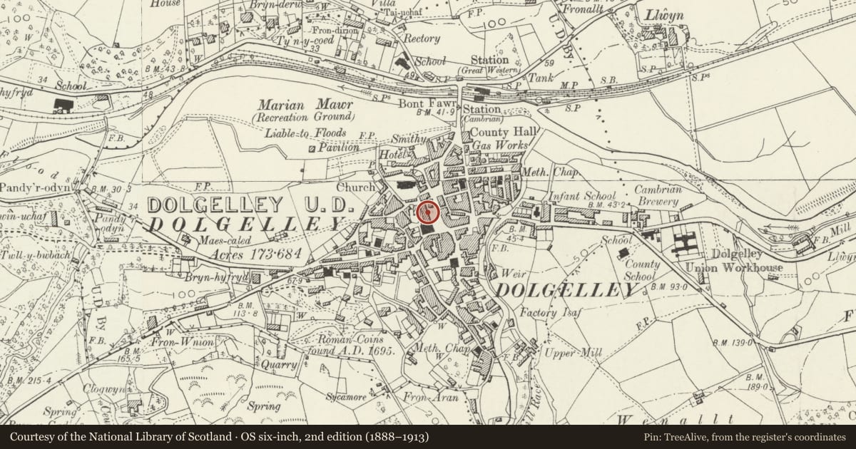 Ordnance Survey six-inch map, 2nd edition (1888–1913) covering the location of Eldon Row, Dolgellau, Gwynedd, with a pin at the register's coordinates